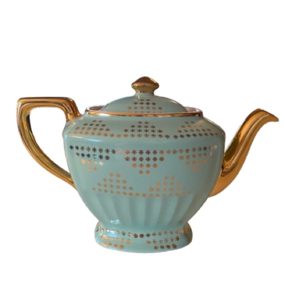 Vintage Hall Mint Green & Gold Atomic Teapot MCM 1950’s Hollywood Regency EUC